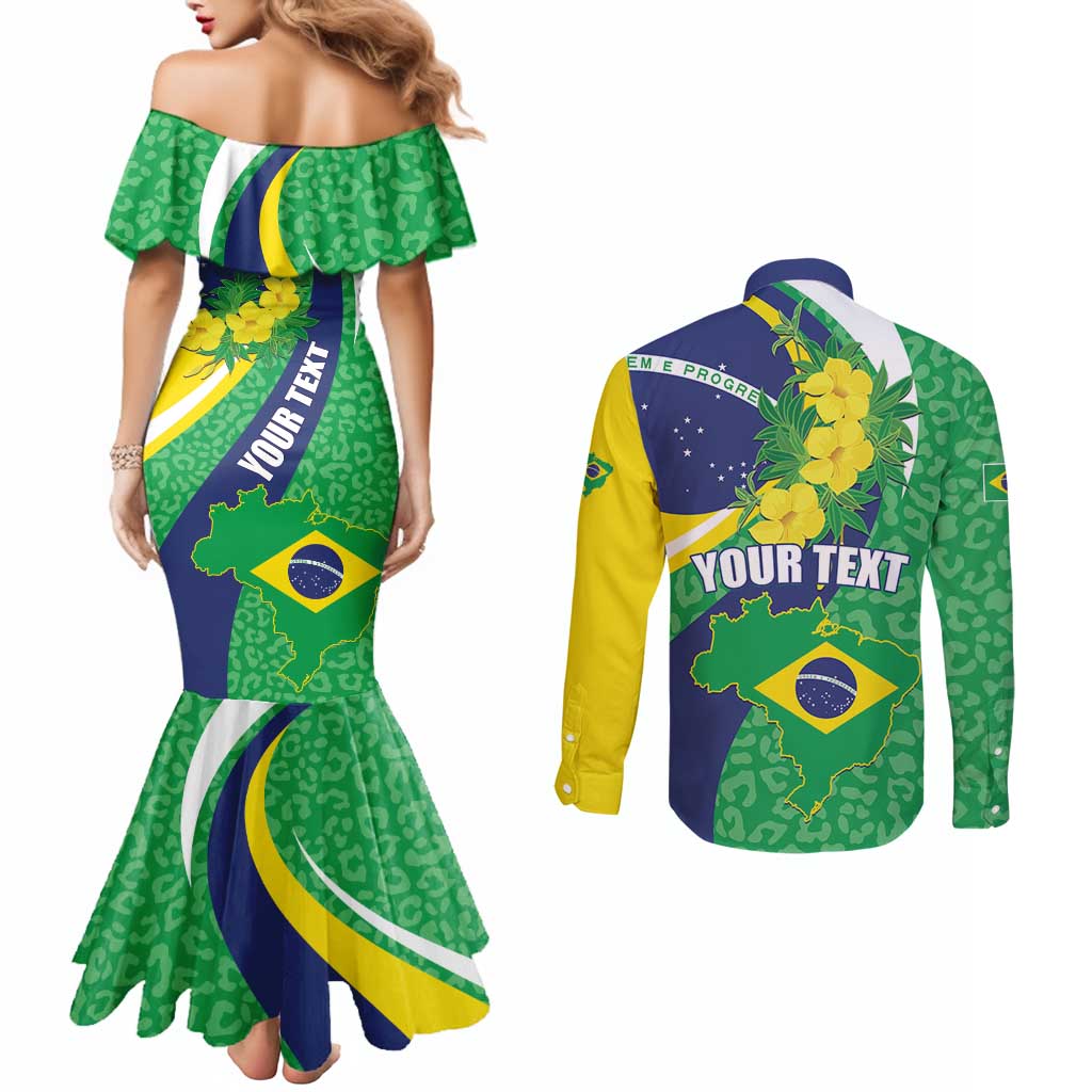 Brazil Sete de Setembro Couples Matching Mermaid Dress and Long Sleeve Button Shirt Flor De Ipê Amarel Leopard Pattern