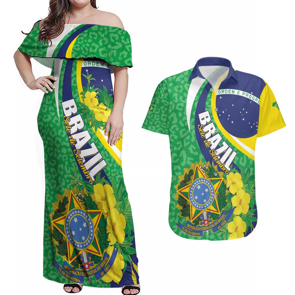 Brazil Sete de Setembro Couples Matching Off Shoulder Maxi Dress and Hawaiian Shirt Flor De Ip Amarel Leopard Pattern - Wonder Print Shop