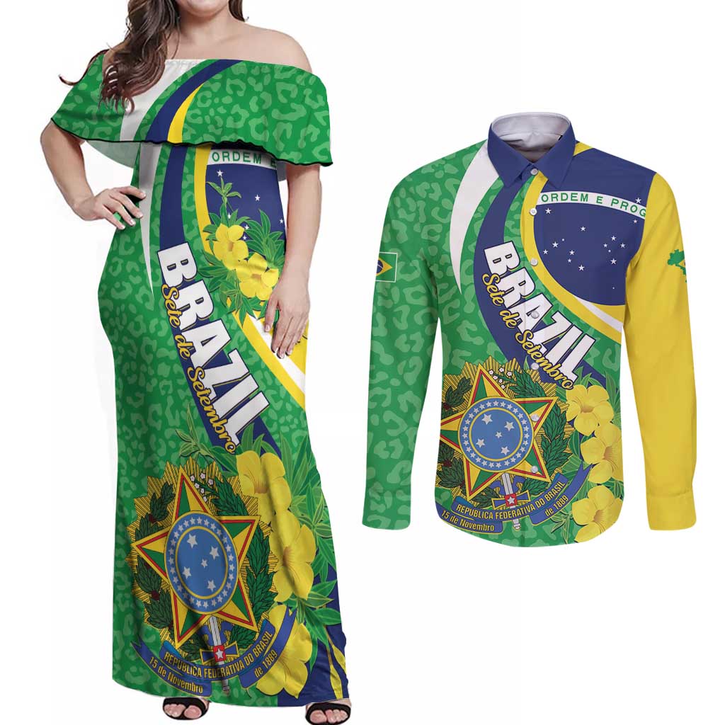 Brazil Sete de Setembro Couples Matching Off Shoulder Maxi Dress and Long Sleeve Button Shirt Flor De Ip Amarel Leopard Pattern - Wonder Print Shop