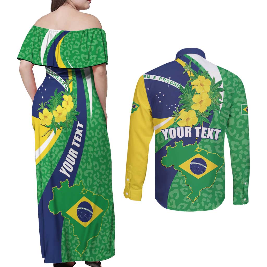 Brazil Sete de Setembro Couples Matching Off Shoulder Maxi Dress and Long Sleeve Button Shirt Flor De Ip Amarel Leopard Pattern - Wonder Print Shop
