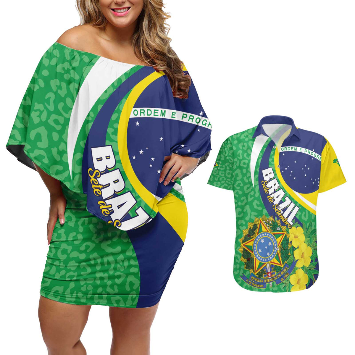 Brazil Sete de Setembro Couples Matching Off Shoulder Short Dress and Hawaiian Shirt Flor De Ip Amarel Leopard Pattern - Wonder Print Shop