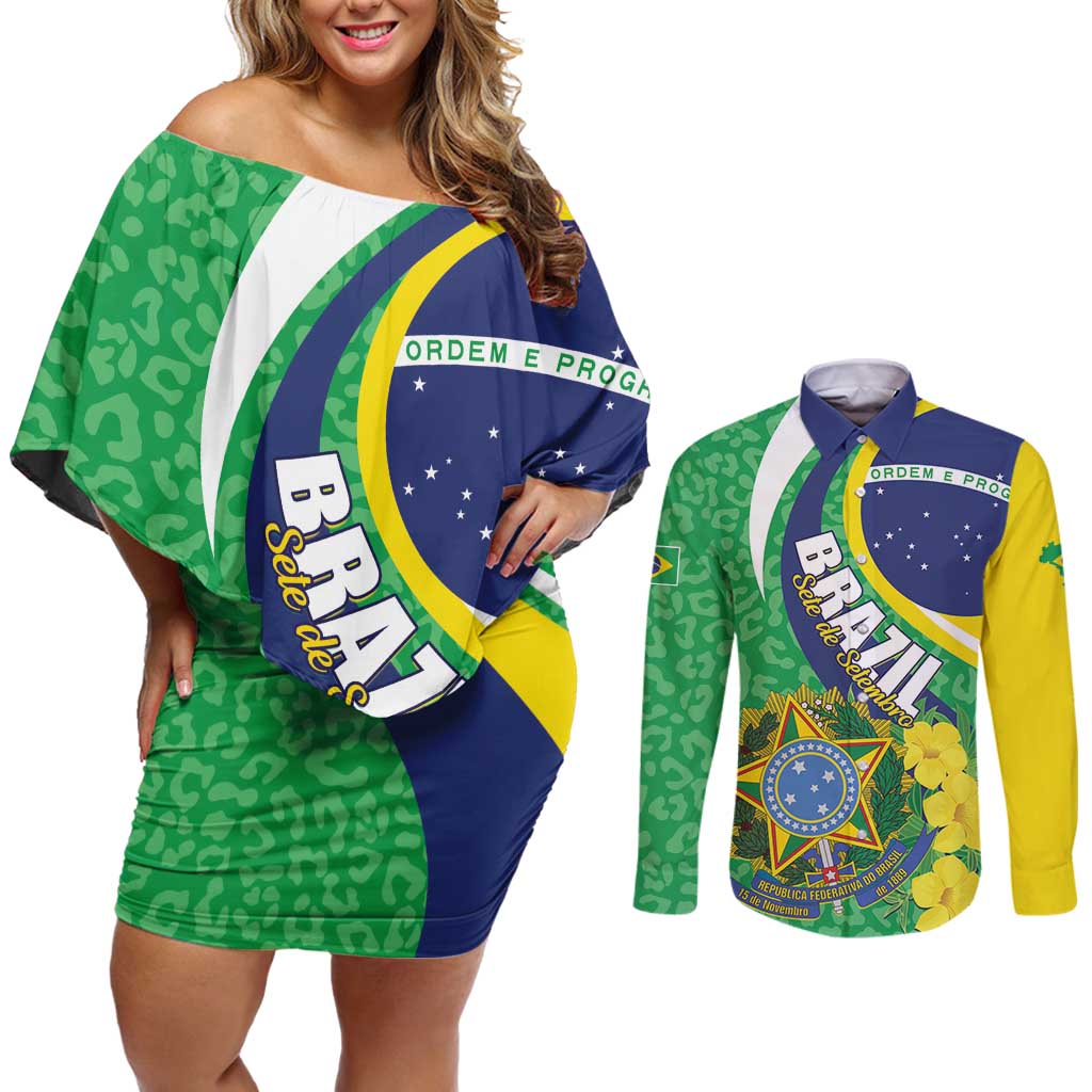 Brazil Sete de Setembro Couples Matching Off Shoulder Short Dress and Long Sleeve Button Shirt Flor De Ip Amarel Leopard Pattern - Wonder Print Shop