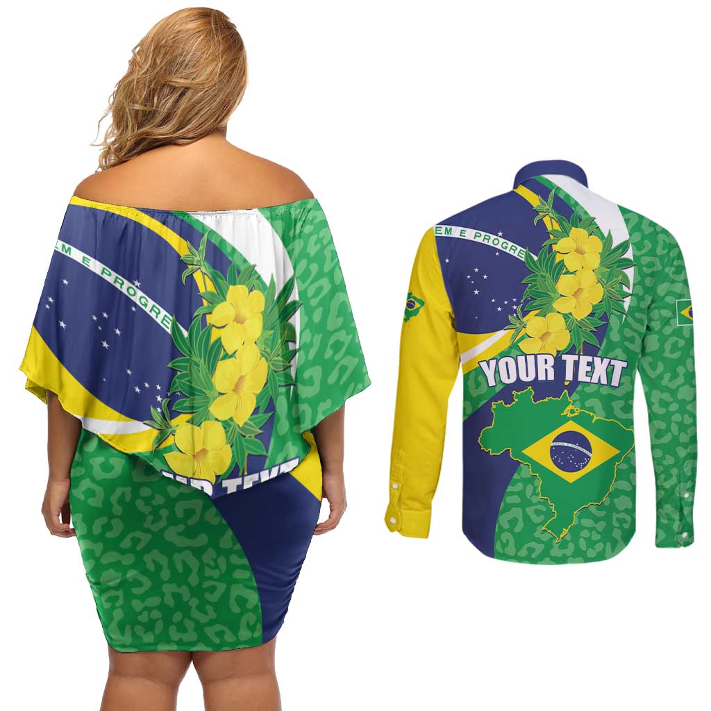 Brazil Sete de Setembro Couples Matching Off Shoulder Short Dress and Long Sleeve Button Shirt Flor De Ip Amarel Leopard Pattern - Wonder Print Shop