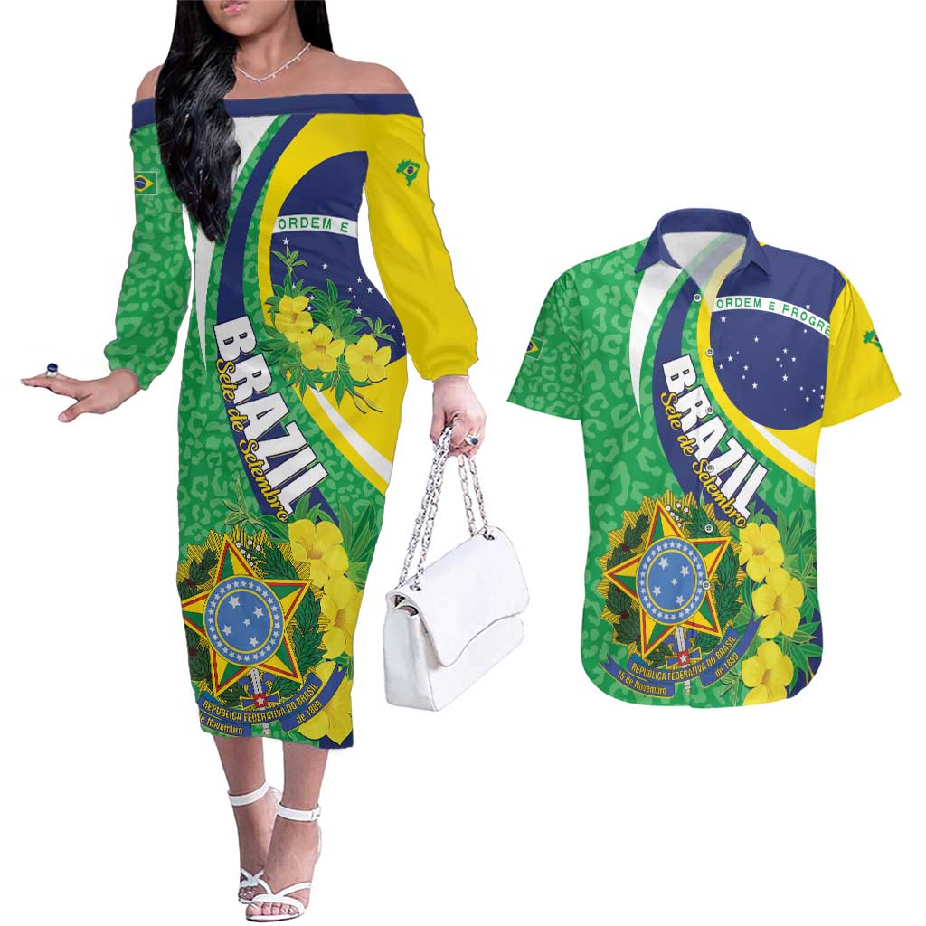Brazil Sete de Setembro Couples Matching Off The Shoulder Long Sleeve Dress and Hawaiian Shirt Flor De Ip Amarel Leopard Pattern - Wonder Print Shop