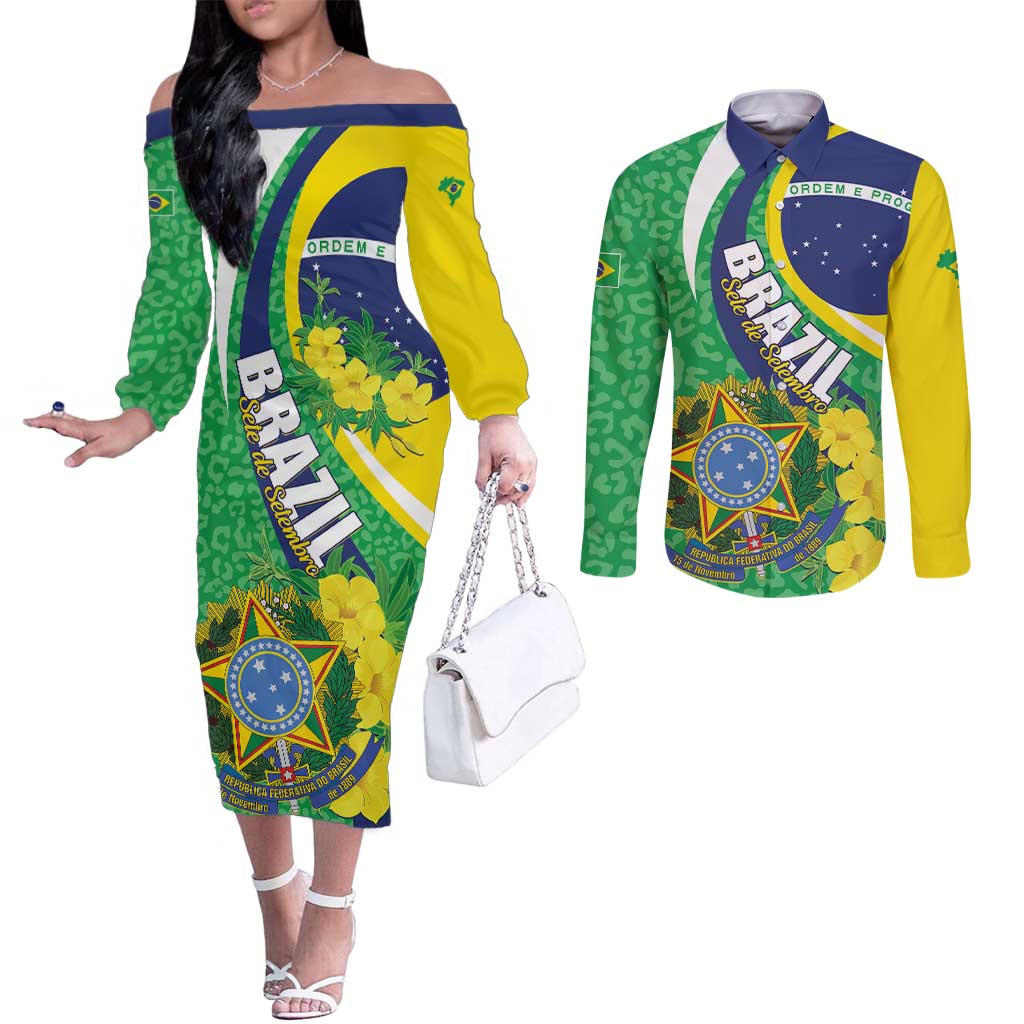 Brazil Sete de Setembro Couples Matching Off The Shoulder Long Sleeve Dress and Long Sleeve Button Shirt Flor De Ipê Amarel Leopard Pattern
