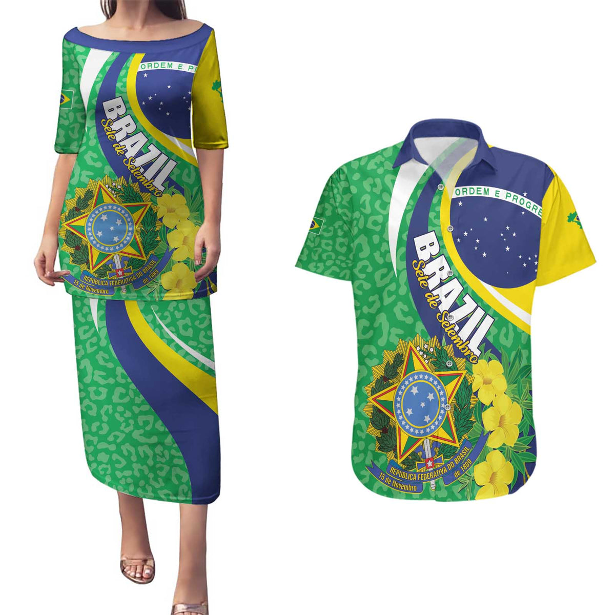 Brazil Sete de Setembro Couples Matching Puletasi and Hawaiian Shirt Flor De Ip Amarel Leopard Pattern - Wonder Print Shop