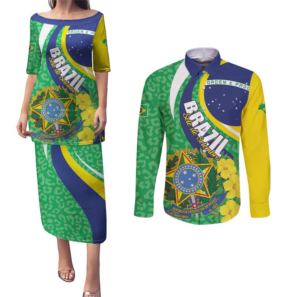 Brazil Sete de Setembro Couples Matching Puletasi and Long Sleeve Button Shirt Flor De Ip Amarel Leopard Pattern - Wonder Print Shop