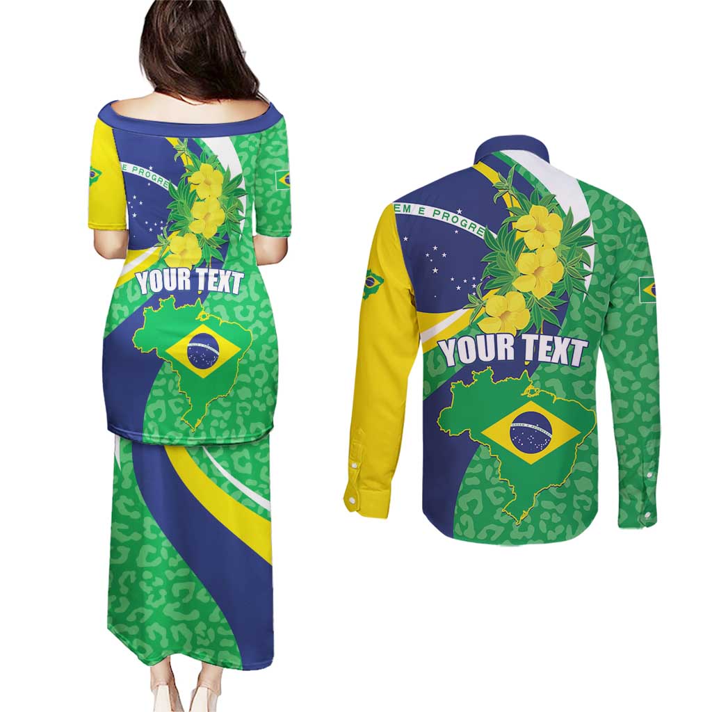 Brazil Sete de Setembro Couples Matching Puletasi and Long Sleeve Button Shirt Flor De Ip Amarel Leopard Pattern - Wonder Print Shop