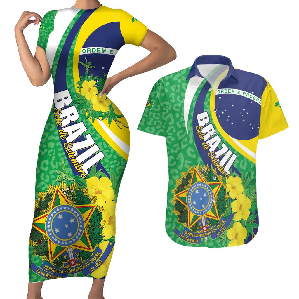 Brazil Sete de Setembro Couples Matching Short Sleeve Bodycon Dress and Hawaiian Shirt Flor De Ip Amarel Leopard Pattern - Wonder Print Shop