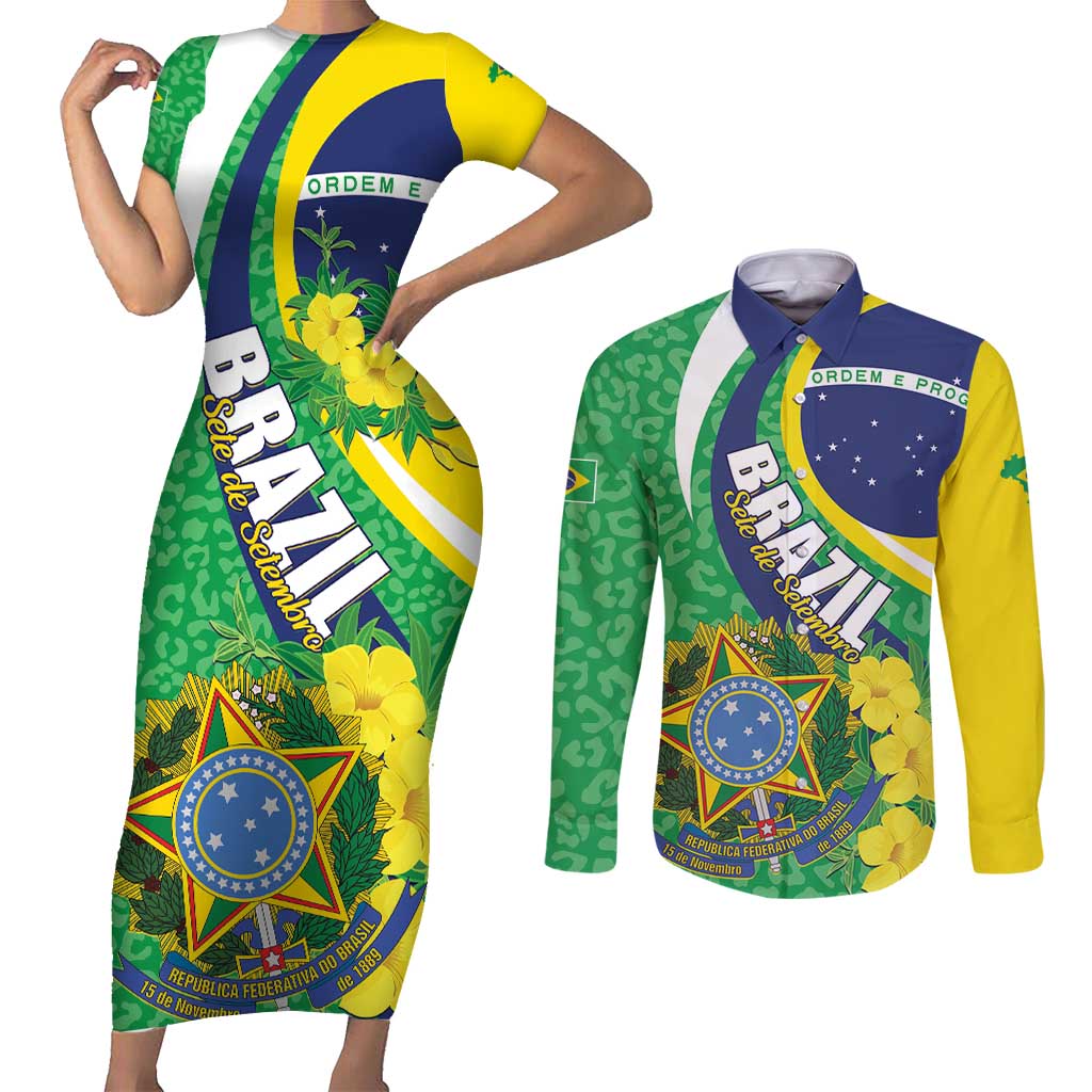 Brazil Sete de Setembro Couples Matching Short Sleeve Bodycon Dress and Long Sleeve Button Shirt Flor De Ip Amarel Leopard Pattern - Wonder Print Shop