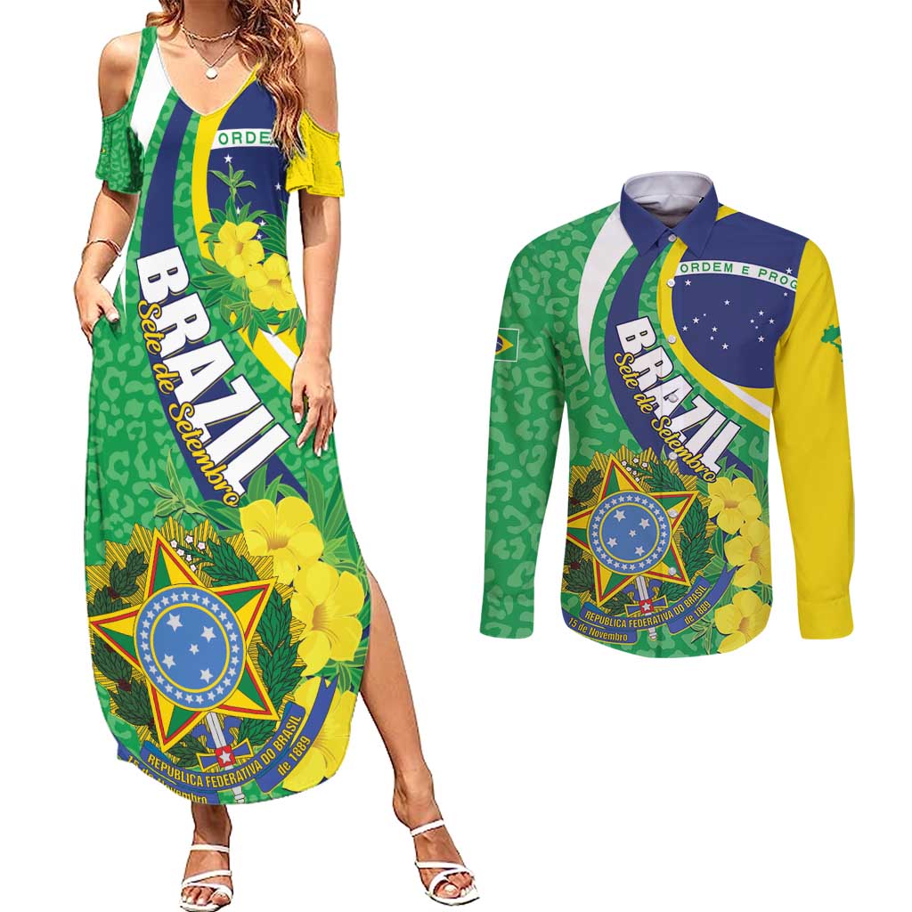 Brazil Sete de Setembro Couples Matching Summer Maxi Dress and Long Sleeve Button Shirt Flor De Ip Amarel Leopard Pattern - Wonder Print Shop