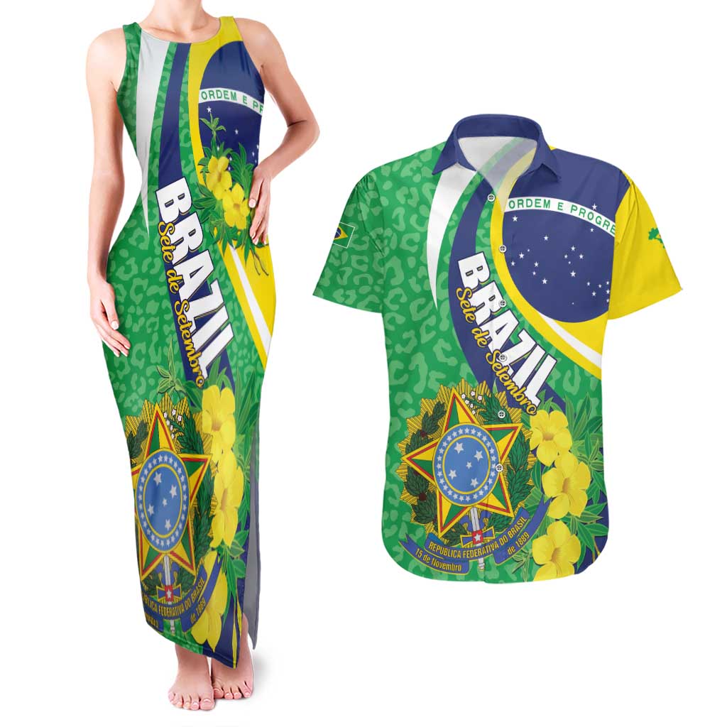 Brazil Sete de Setembro Couples Matching Tank Maxi Dress and Hawaiian Shirt Flor De Ip Amarel Leopard Pattern - Wonder Print Shop