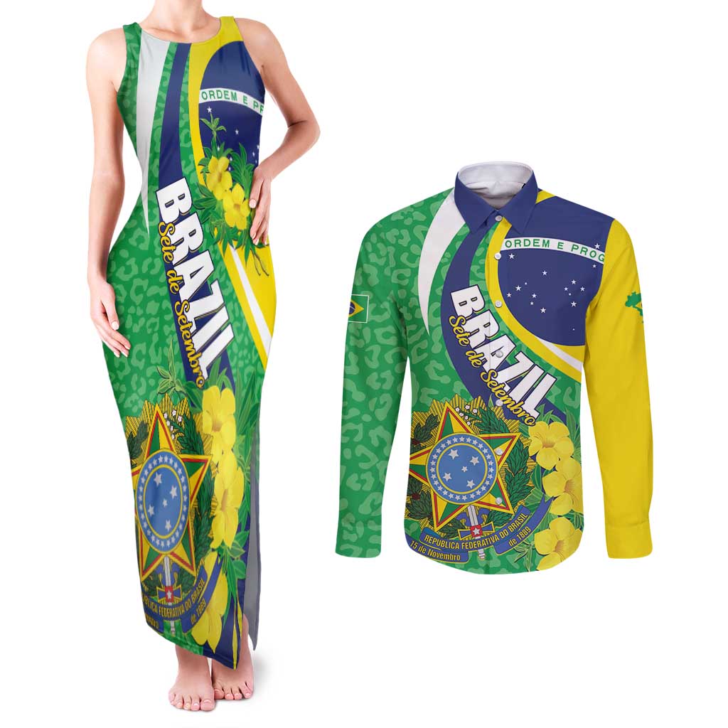 Brazil Sete de Setembro Couples Matching Tank Maxi Dress and Long Sleeve Button Shirt Flor De Ip Amarel Leopard Pattern - Wonder Print Shop