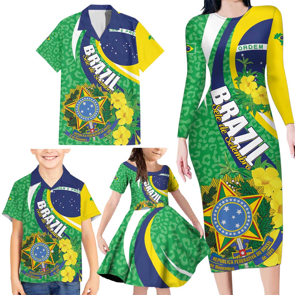Brazil Sete de Setembro Family Matching Long Sleeve Bodycon Dress and Hawaiian Shirt Flor De Ip Amarel Leopard Pattern - Wonder Print Shop