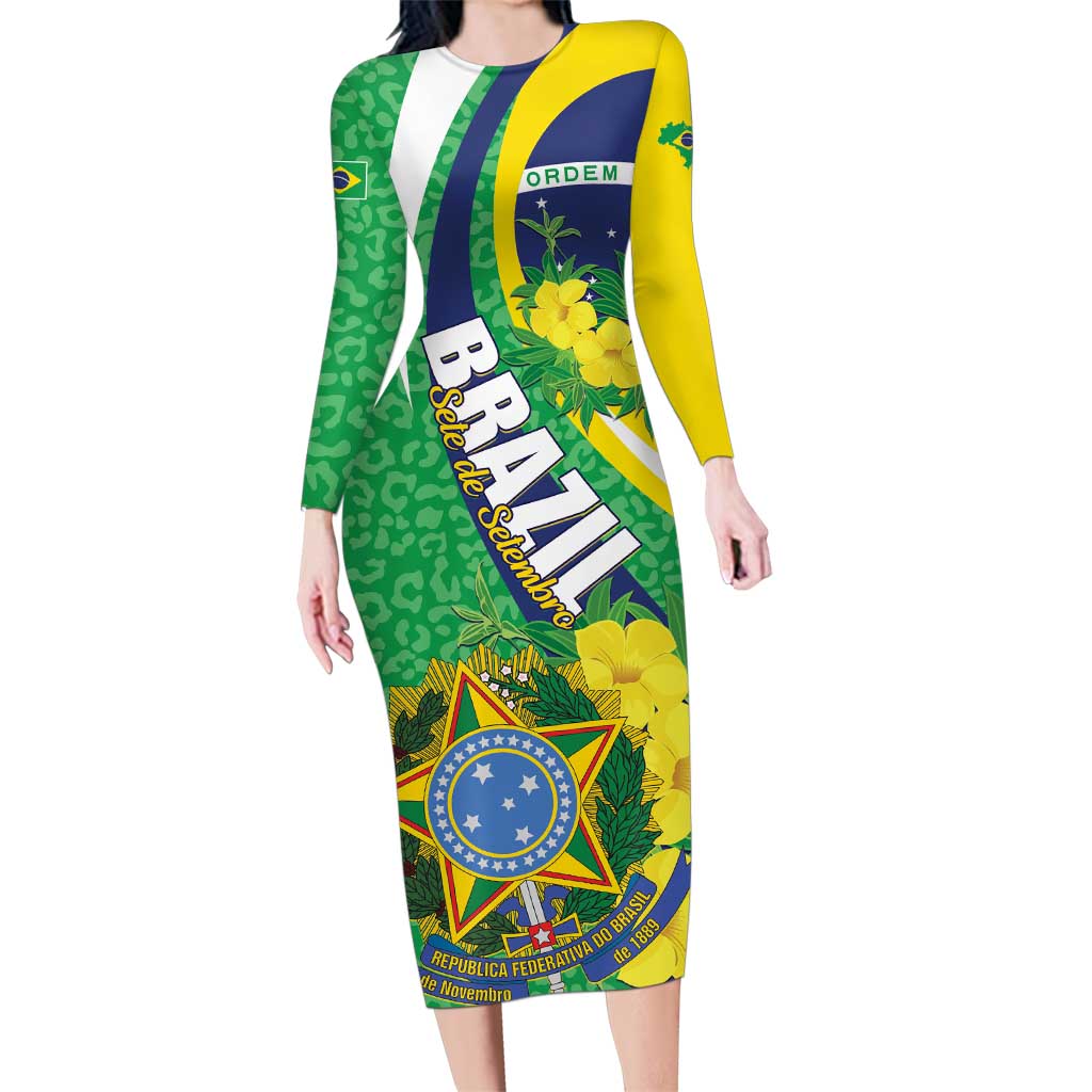 Brazil Sete de Setembro Family Matching Long Sleeve Bodycon Dress and Hawaiian Shirt Flor De Ip Amarel Leopard Pattern - Wonder Print Shop