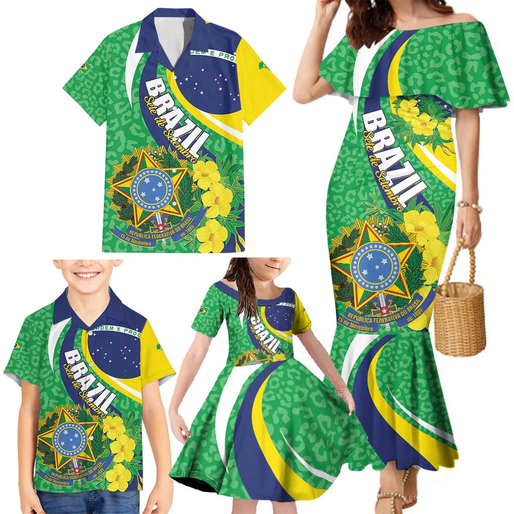 Brazil Sete de Setembro Family Matching Mermaid Dress and Hawaiian Shirt Flor De Ip Amarel Leopard Pattern - Wonder Print Shop