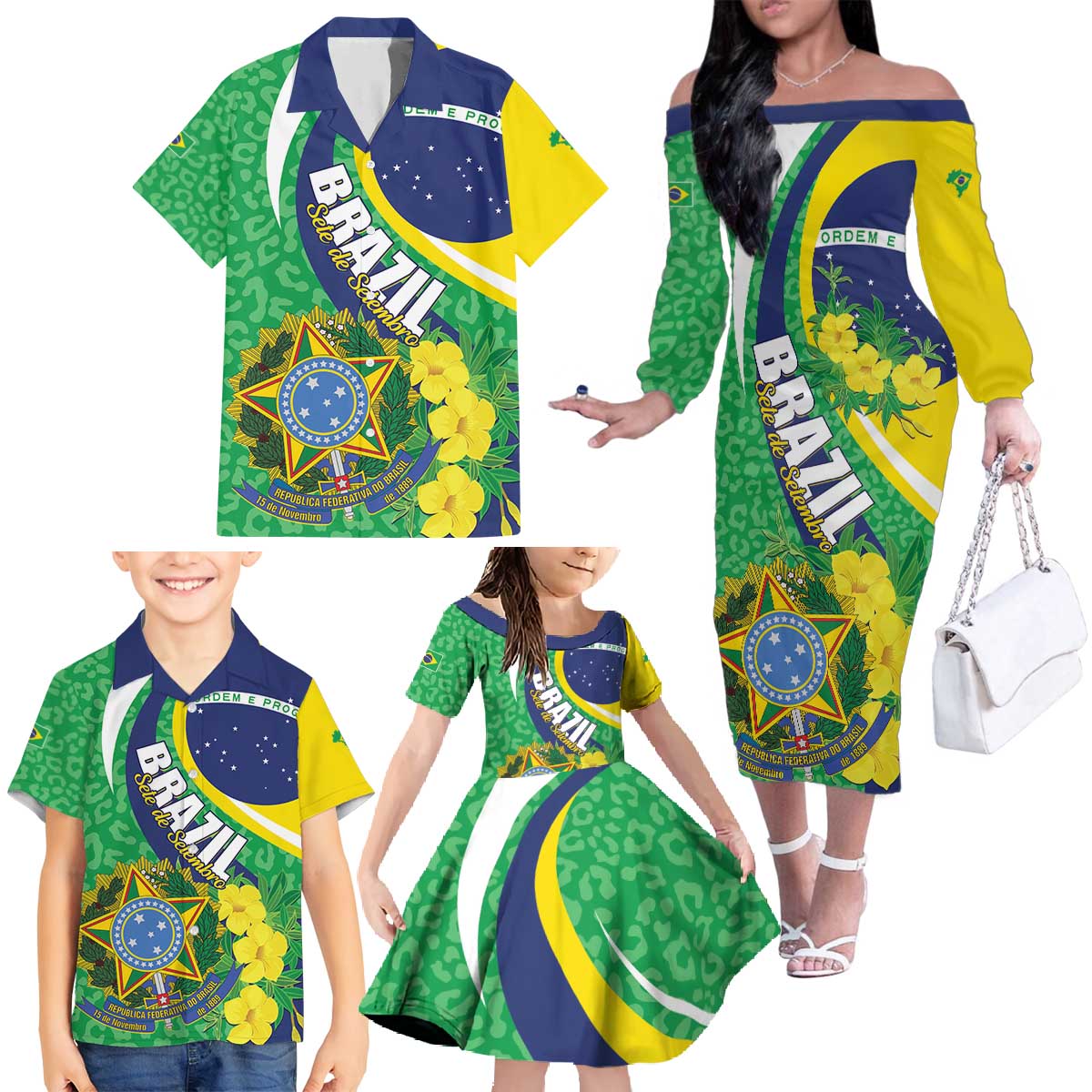 Brazil Sete de Setembro Family Matching Off The Shoulder Long Sleeve Dress and Hawaiian Shirt Flor De Ip Amarel Leopard Pattern - Wonder Print Shop