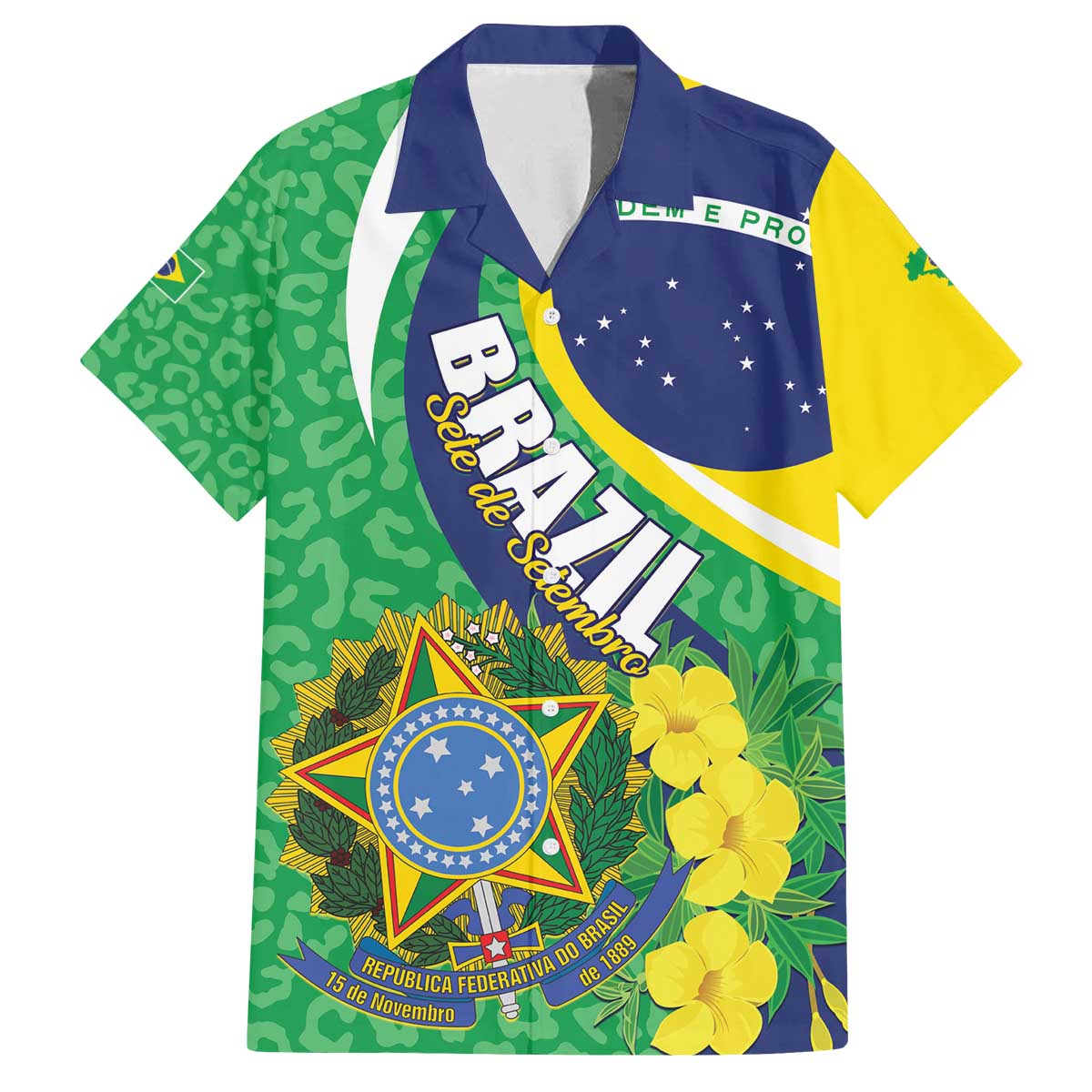 Brazil Sete de Setembro Family Matching Off The Shoulder Long Sleeve Dress and Hawaiian Shirt Flor De Ip Amarel Leopard Pattern - Wonder Print Shop