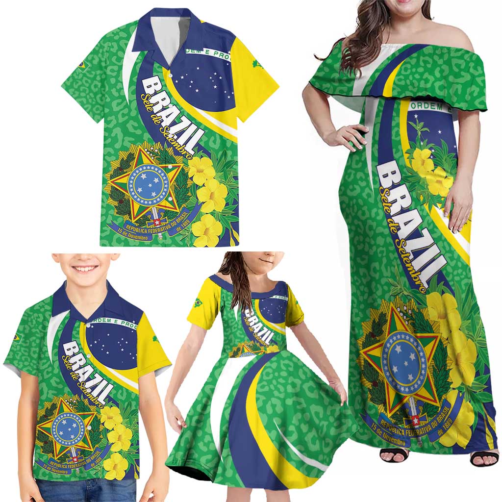 Brazil Sete de Setembro Family Matching Off Shoulder Maxi Dress and Hawaiian Shirt Flor De Ip Amarel Leopard Pattern - Wonder Print Shop