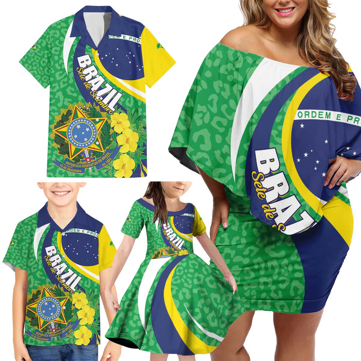 Brazil Sete de Setembro Family Matching Off Shoulder Short Dress and Hawaiian Shirt Flor De Ip Amarel Leopard Pattern - Wonder Print Shop