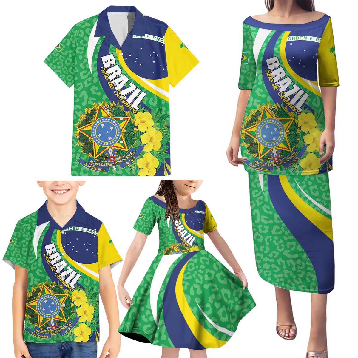 Brazil Sete de Setembro Family Matching Puletasi and Hawaiian Shirt Flor De Ip Amarel Leopard Pattern - Wonder Print Shop