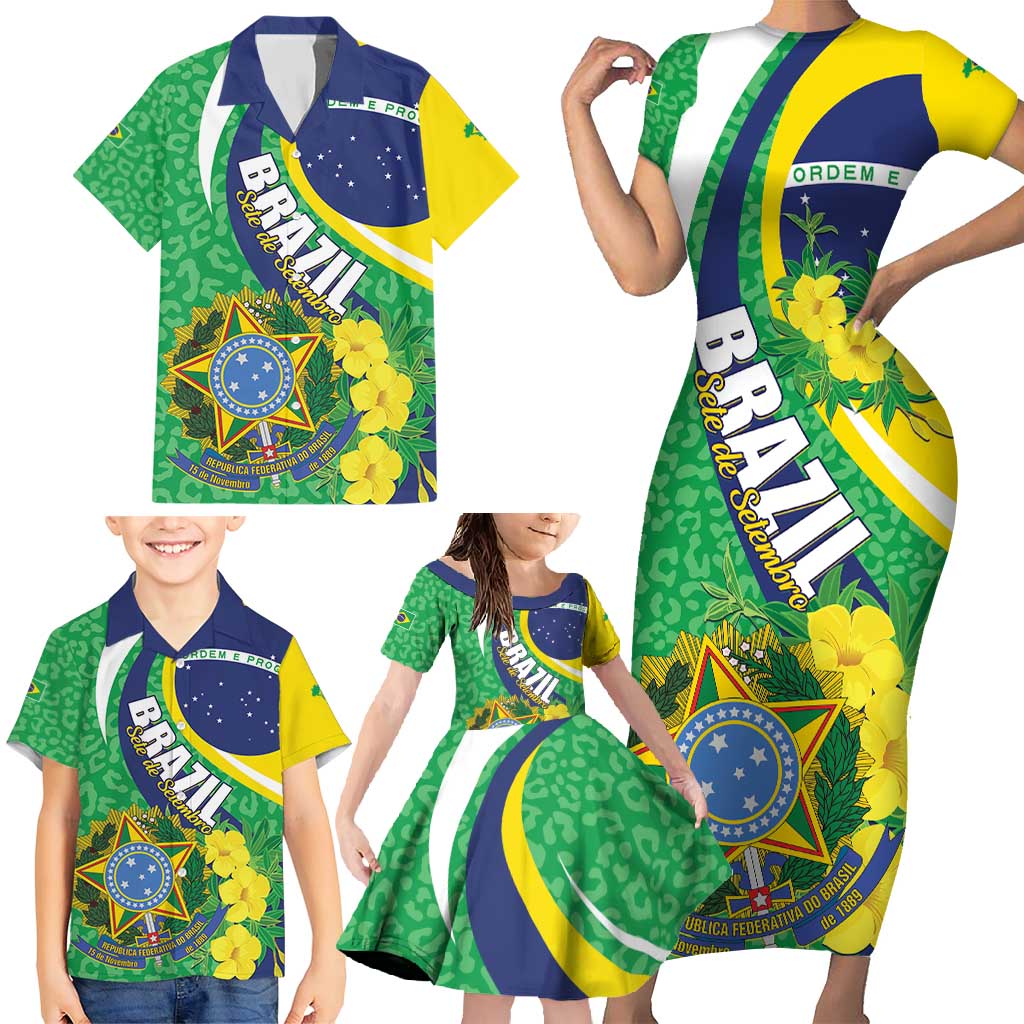 Brazil Sete de Setembro Family Matching Short Sleeve Bodycon Dress and Hawaiian Shirt Flor De Ip Amarel Leopard Pattern - Wonder Print Shop