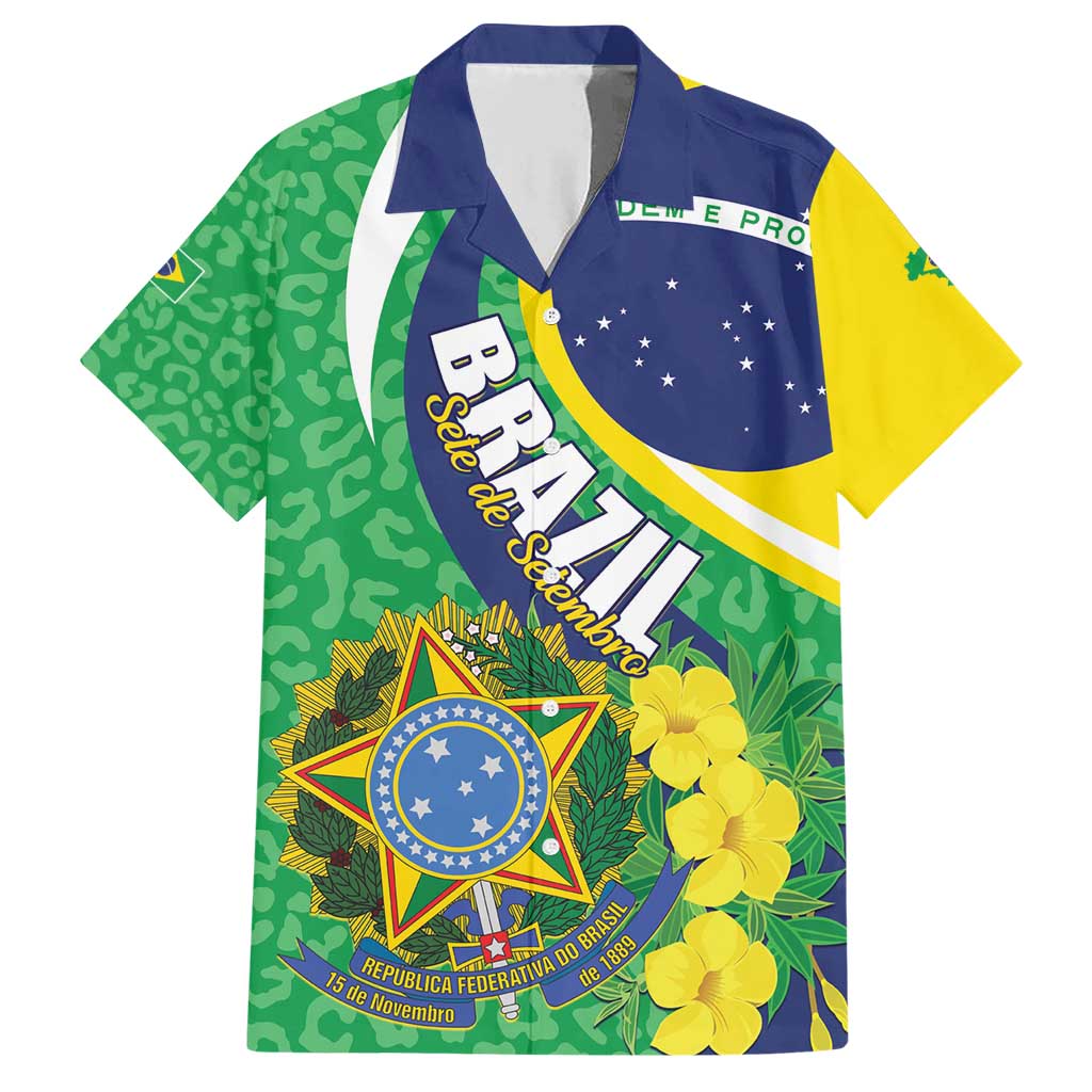 Brazil Sete de Setembro Family Matching Short Sleeve Bodycon Dress and Hawaiian Shirt Flor De Ip Amarel Leopard Pattern - Wonder Print Shop
