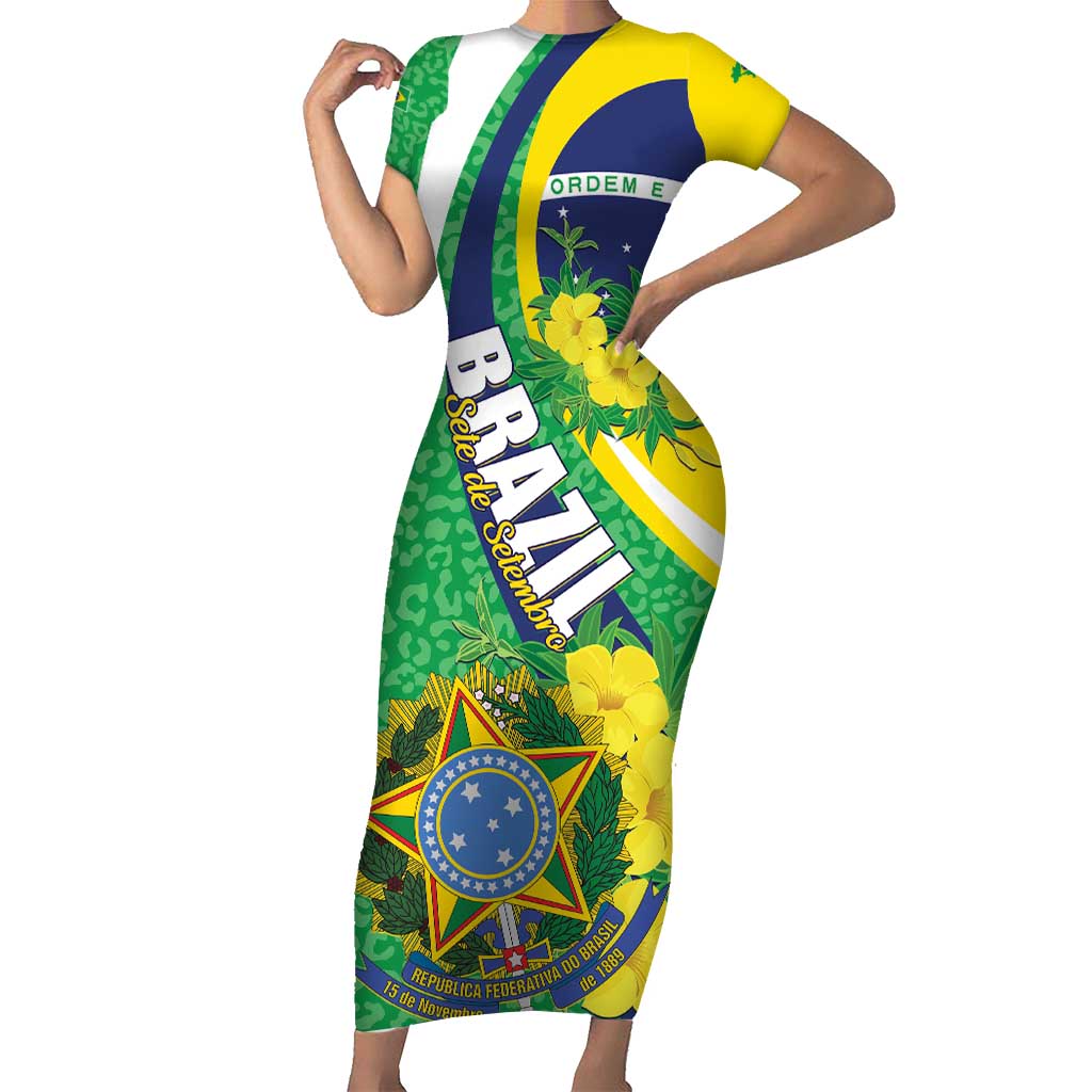 Brazil Sete de Setembro Family Matching Short Sleeve Bodycon Dress and Hawaiian Shirt Flor De Ip Amarel Leopard Pattern - Wonder Print Shop