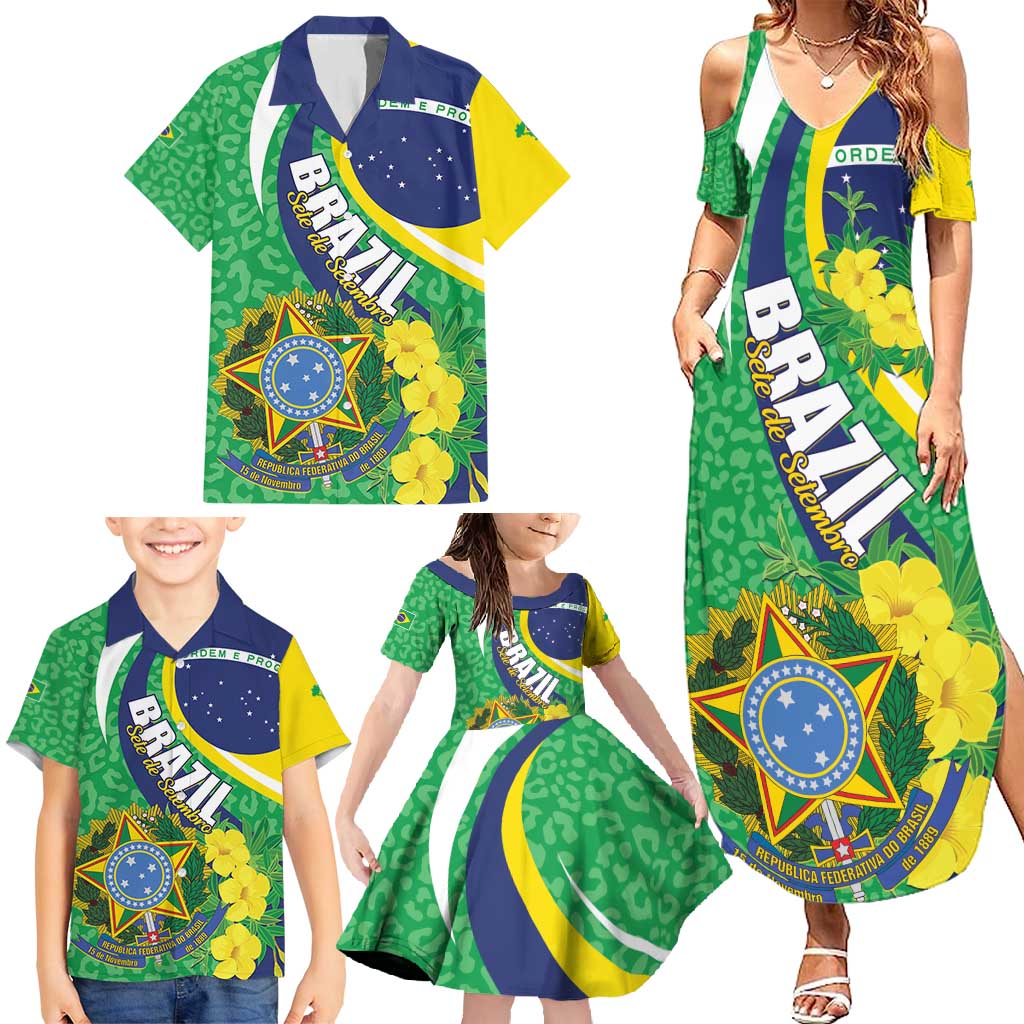 Brazil Sete de Setembro Family Matching Summer Maxi Dress and Hawaiian Shirt Flor De Ip Amarel Leopard Pattern - Wonder Print Shop