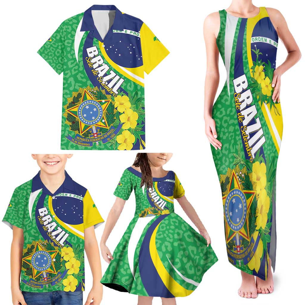 Brazil Sete de Setembro Family Matching Tank Maxi Dress and Hawaiian Shirt Flor De Ip Amarel Leopard Pattern - Wonder Print Shop