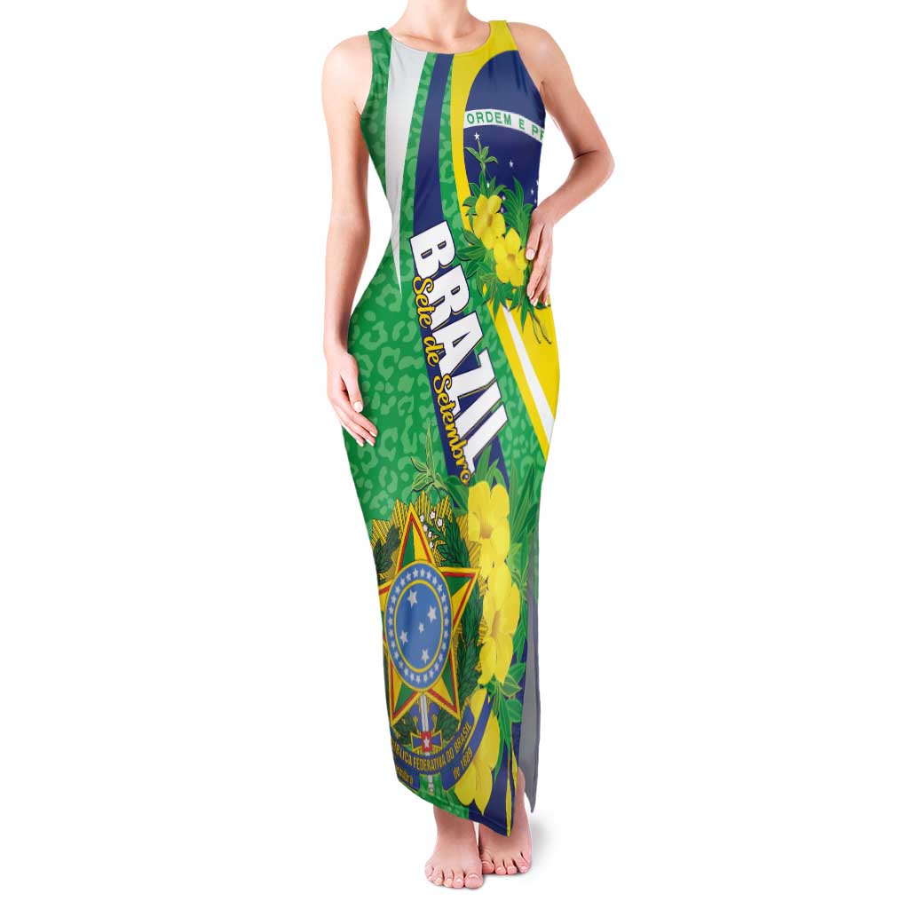 Brazil Sete de Setembro Family Matching Tank Maxi Dress and Hawaiian Shirt Flor De Ip Amarel Leopard Pattern - Wonder Print Shop