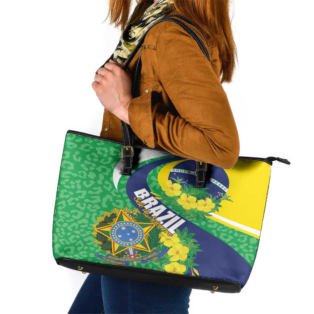 Brazil Sete de Setembro Leather Tote Bag Flor De Ip Amarel Leopard Pattern - Wonder Print Shop