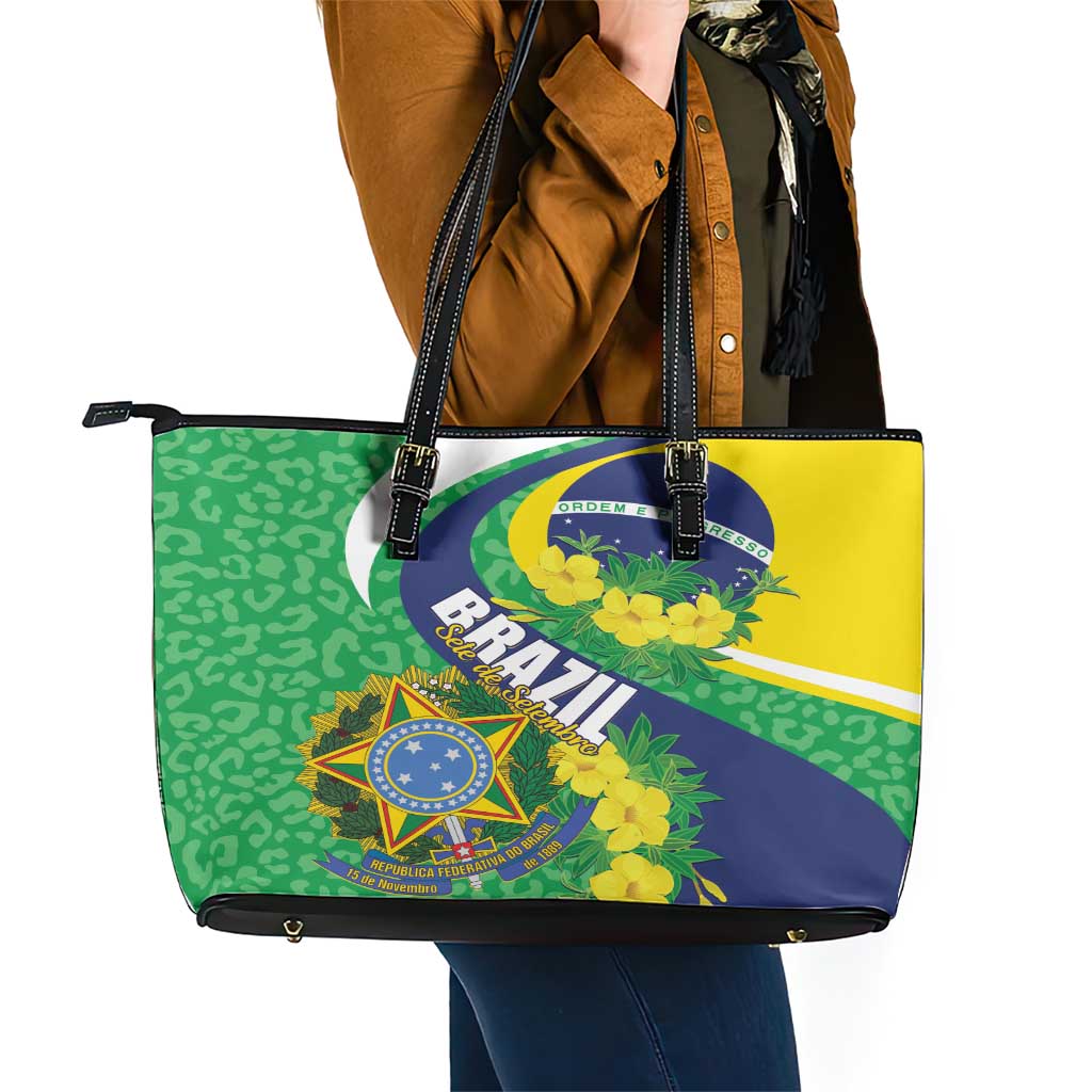 Brazil Sete de Setembro Leather Tote Bag Flor De Ip Amarel Leopard Pattern - Wonder Print Shop