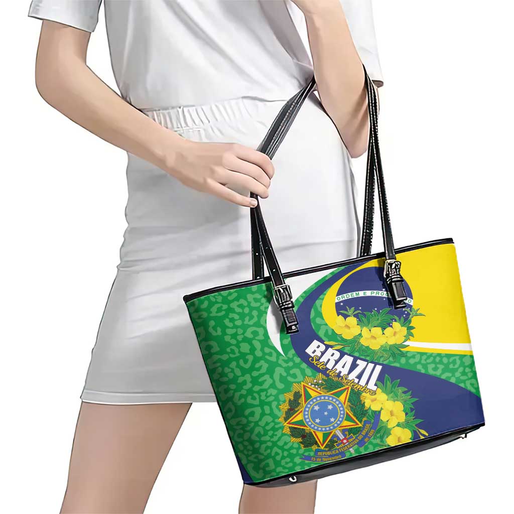 Brazil Sete de Setembro Leather Tote Bag Flor De Ip Amarel Leopard Pattern - Wonder Print Shop