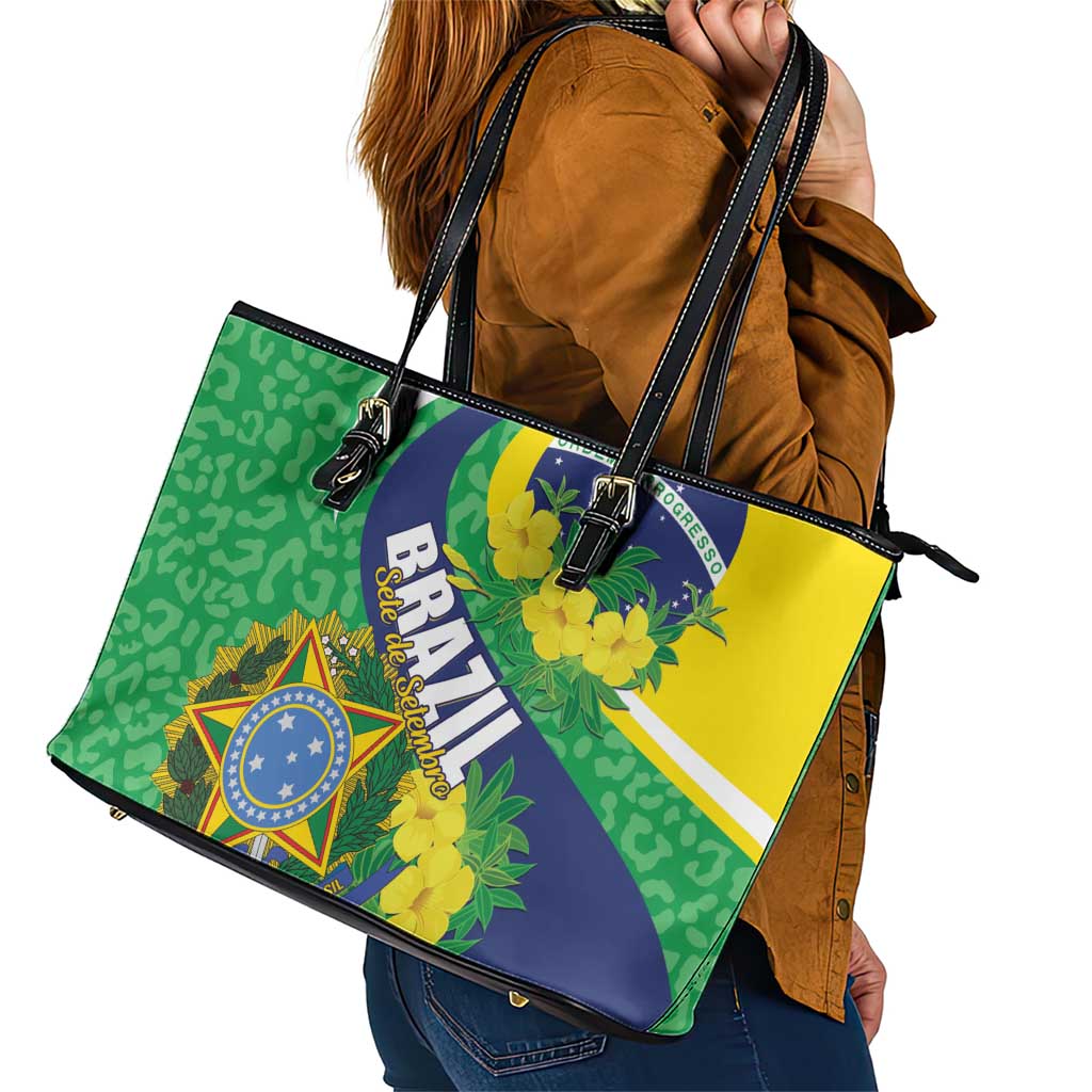 Brazil Sete de Setembro Leather Tote Bag Flor De Ip Amarel Leopard Pattern - Wonder Print Shop
