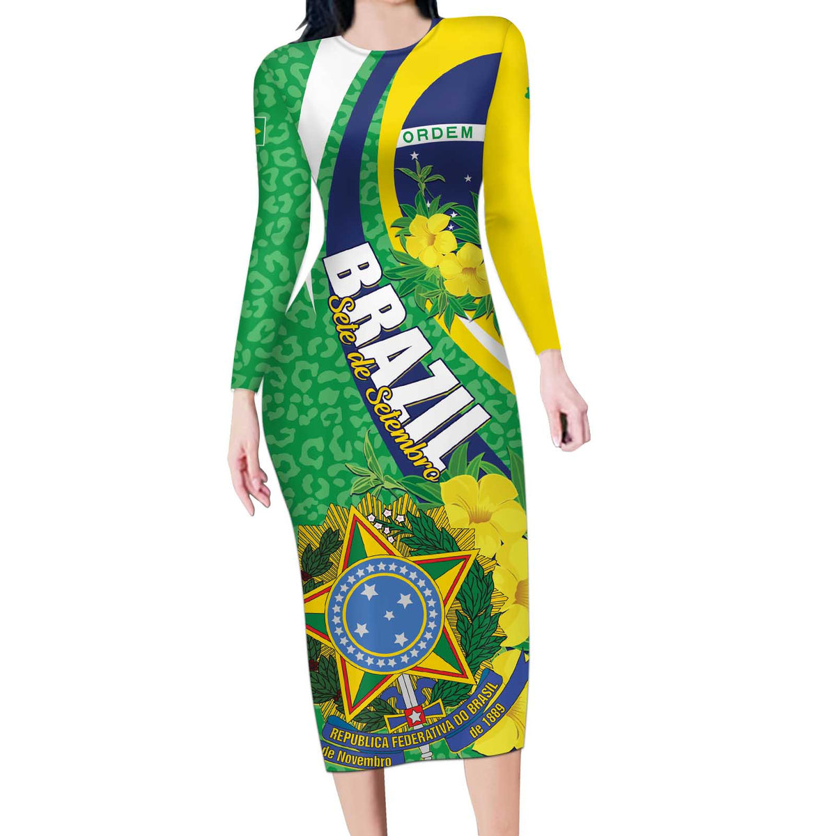 Brazil Sete de Setembro Long Sleeve Bodycon Dress Flor De Ip Amarel Leopard Pattern - Wonder Print Shop