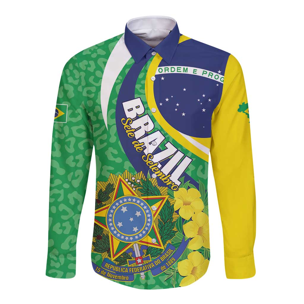 Brazil Sete de Setembro Long Sleeve Button Shirt Flor De Ip Amarel Leopard Pattern - Wonder Print Shop