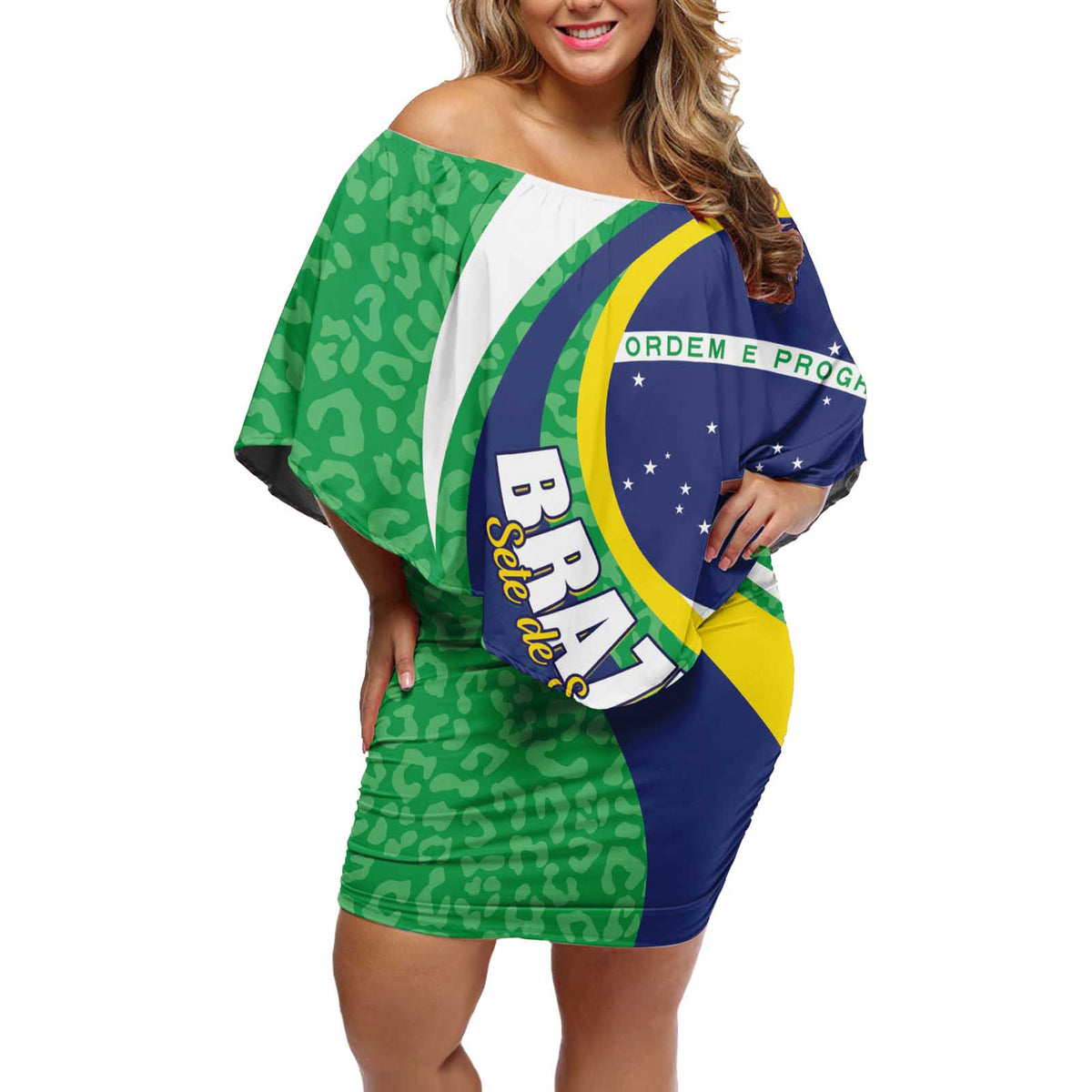 Brazil Sete de Setembro Off Shoulder Short Dress Flor De Ip Amarel Leopard Pattern - Wonder Print Shop