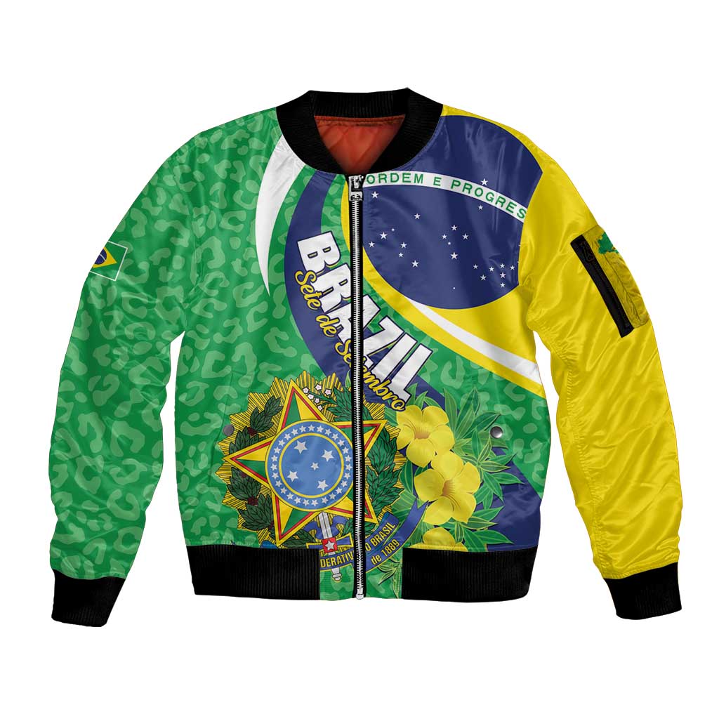 Brazil Sete de Setembro Sleeve Zip Bomber Jacket Flor De Ip Amarel Leopard Pattern - Wonder Print Shop