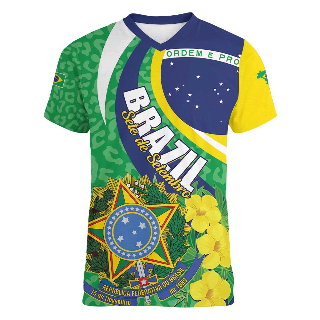 Brazil Sete de Setembro Women V-Neck T-Shirt Flor De Ip Amarel Leopard Pattern - Wonder Print Shop