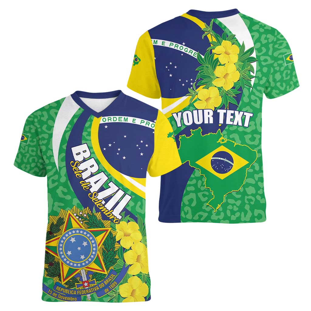 Brazil Sete de Setembro Women V-Neck T-Shirt Flor De Ip Amarel Leopard Pattern - Wonder Print Shop
