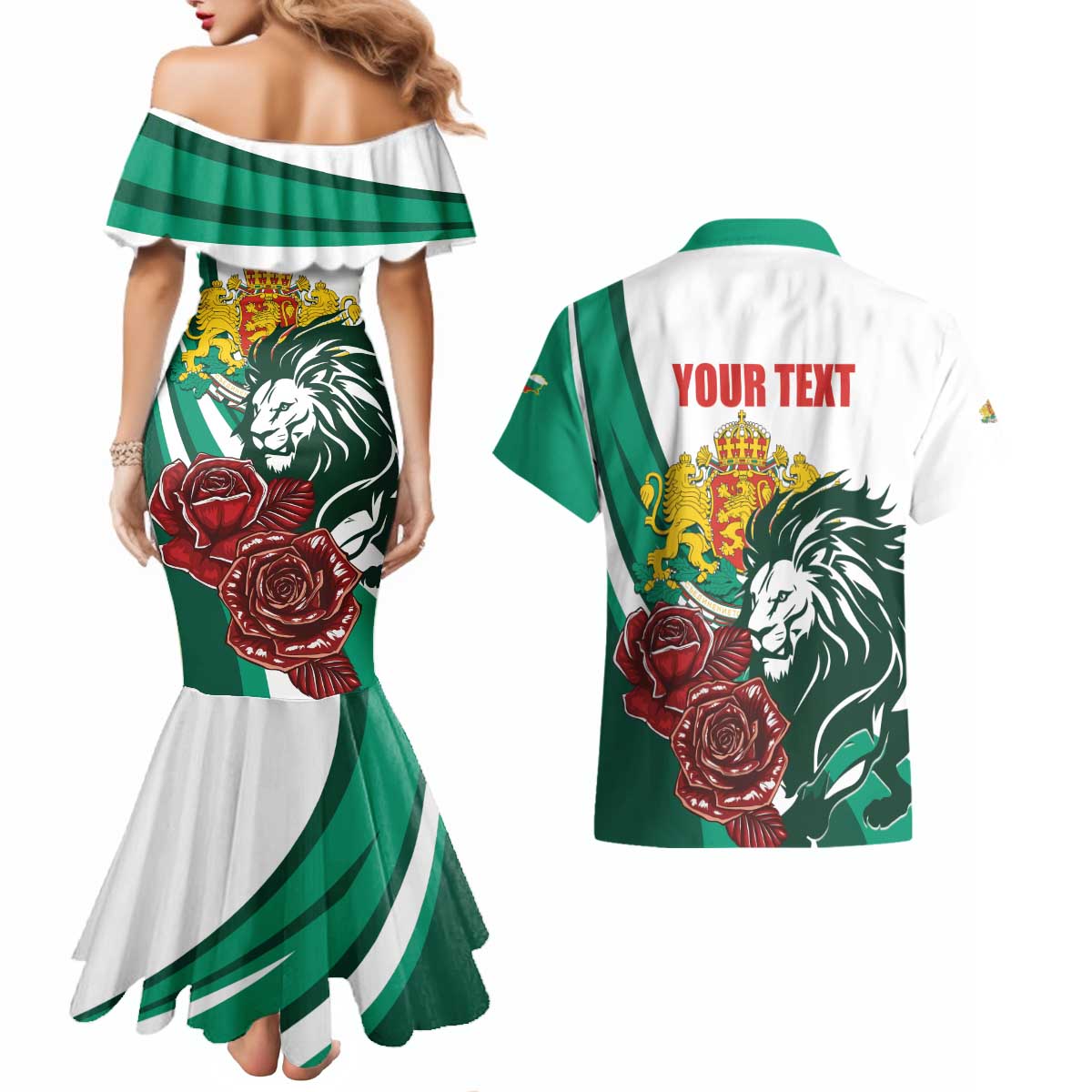 Bulgaria Couples Matching Mermaid Dress and Hawaiian Shirt Coat of Arms Lion with Roses - Wonder Print Shop