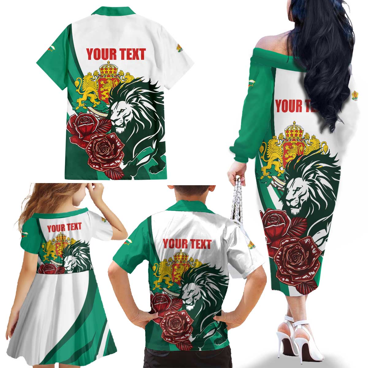 Bulgaria Family Matching Off The Shoulder Long Sleeve Dress and Hawaiian Shirt Coat of Arms Lion with Roses - Wonder Print Shop