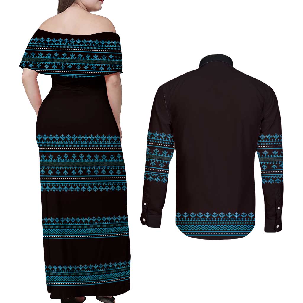 Bulgaria Traditional Pattern Blue Couples Matching Off Shoulder Maxi Dress and Long Sleeve Button Shirt Balkan Culture - Wonder Print Shop