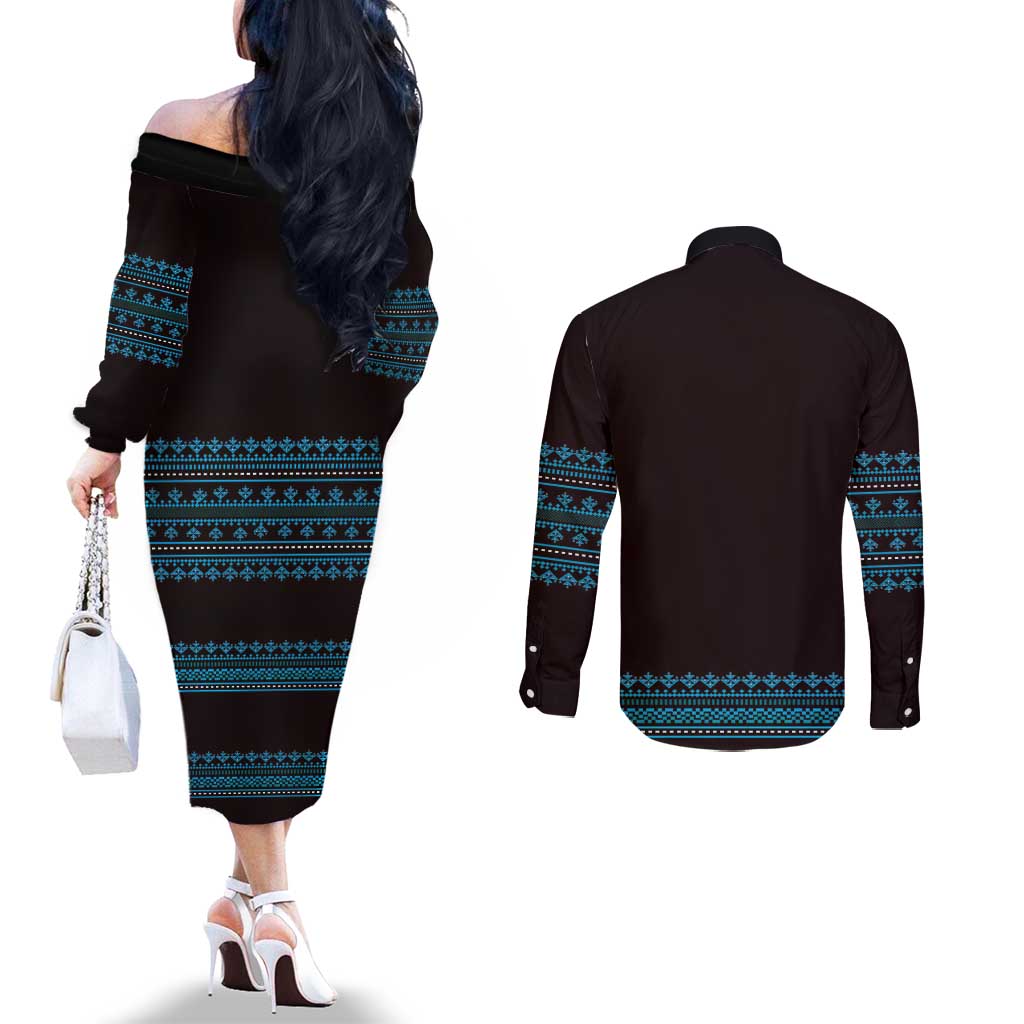 Bulgaria Traditional Pattern Blue Couples Matching Off The Shoulder Long Sleeve Dress and Long Sleeve Button Shirt Balkan Culture