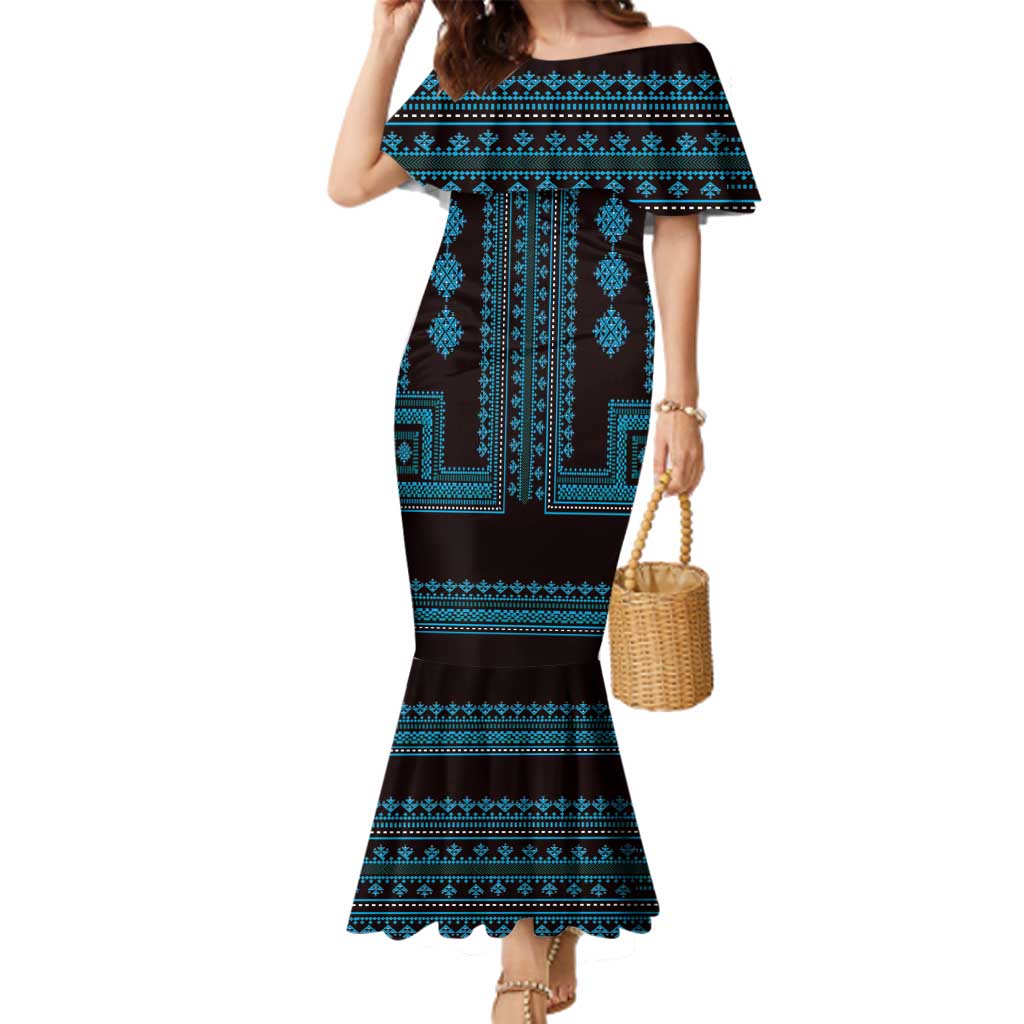 Bulgaria Traditional Pattern Blue Family Matching Mermaid Dress and Hawaiian Shirt Balkan Culture - Wonder Print Shop