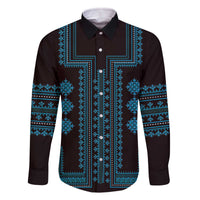 Bulgaria Traditional Pattern Blue Family Matching Off The Shoulder Long Sleeve Dress and Hawaiian Shirt Balkan Culture - Wonder Print Shop