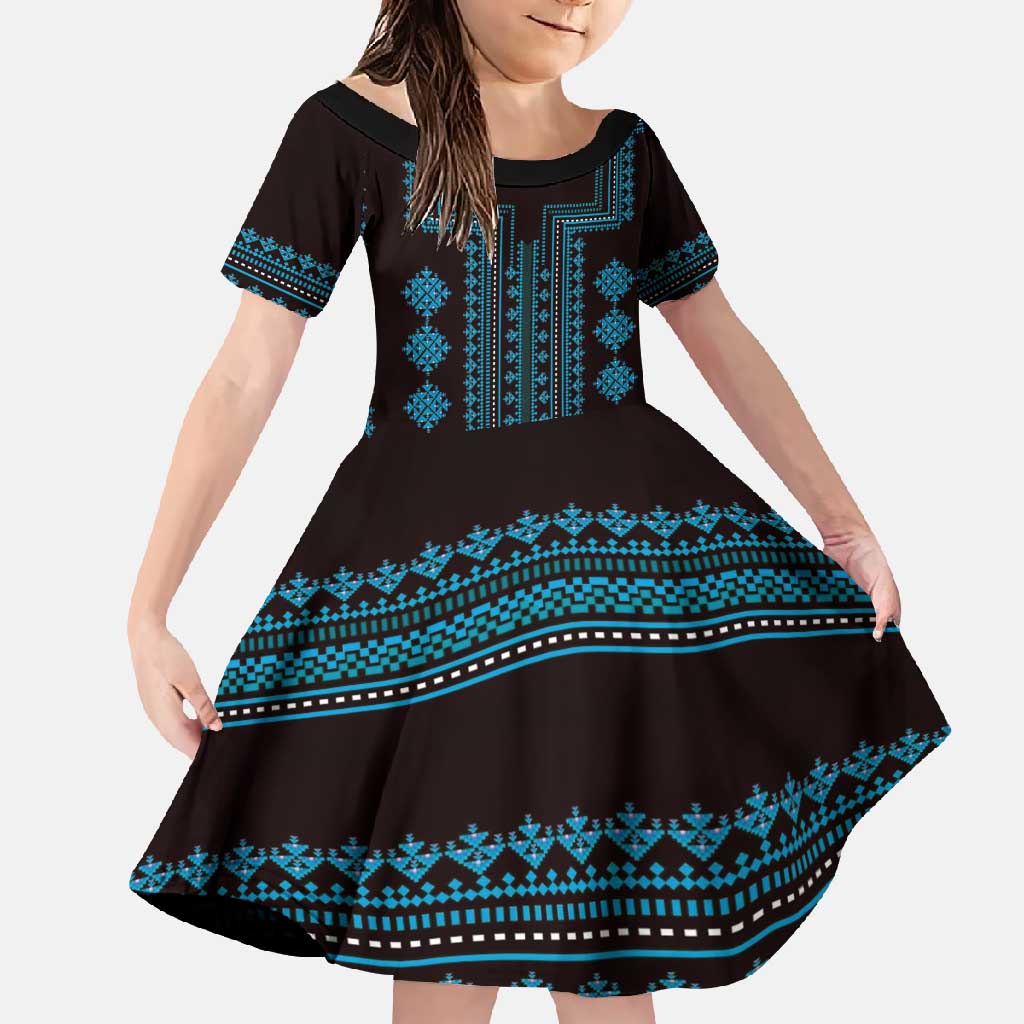 Bulgaria Traditional Pattern Blue Family Matching Off Shoulder Maxi Dress and Hawaiian Shirt Balkan Culture - Wonder Print Shop