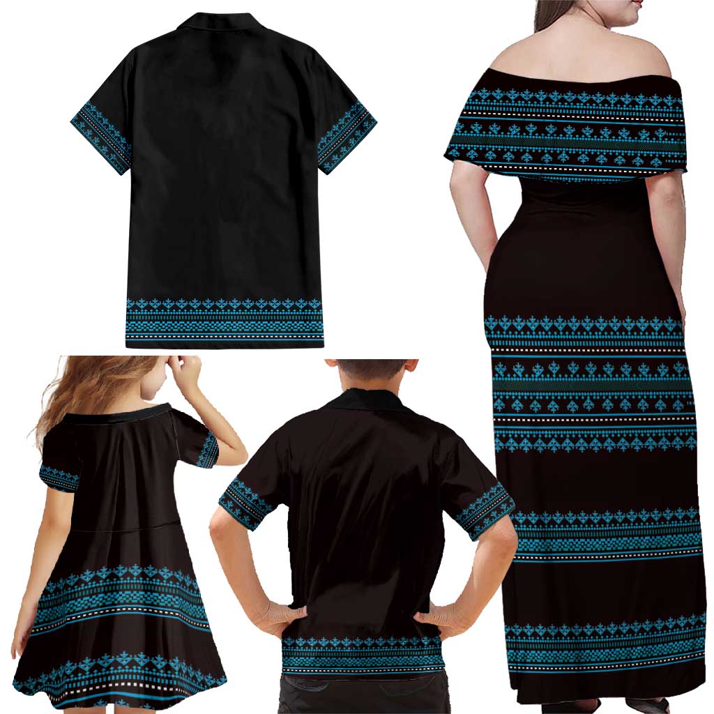 Bulgaria Traditional Pattern Blue Family Matching Off Shoulder Maxi Dress and Hawaiian Shirt Balkan Culture - Wonder Print Shop