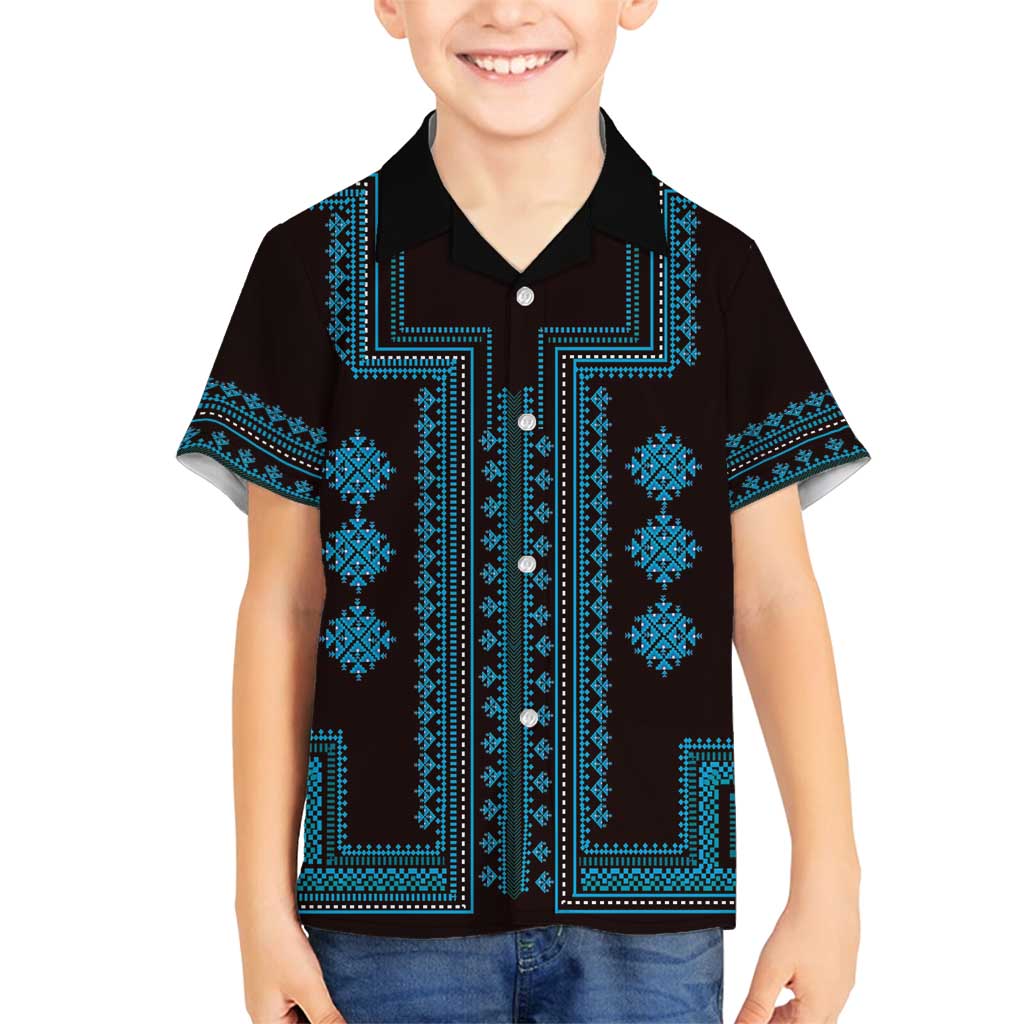 Bulgaria Traditional Pattern Blue Family Matching Off Shoulder Maxi Dress and Hawaiian Shirt Balkan Culture - Wonder Print Shop